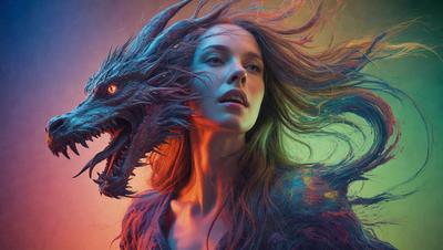 The primary subject of the image is a woman with long, flowing hair. She is wearing a brown shirt and has a dragon tattoo on her neck. The setting is a colorful, artistic background that complements the woman's appearance. The visual style is a combination of photo and digital art, creating a unique and eye-catching image. The colors and mood are vibrant and lively, with the woman's hair and the dragon tattoo being the main focus of the scene
